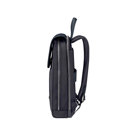 Seitenansicht des Samsonite Zalia 3.0 Rucksacks in Dunkelblau mit silbernen Reißverschlüssen, gepolsterten Schultergurten, oberem Griff und einem speziellen Laptop-Fach, dargestellt vor einem schlichten weißen Hintergrund.