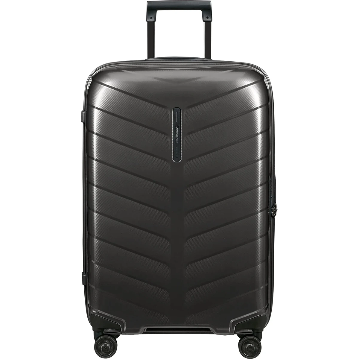 Der Samsonite Attrix Hartschalenkoffer 69 cm in grau ist ein Hartschalenkoffer aus Roxkin-Material mit vier Rollen und einem verlängerten Griff.
