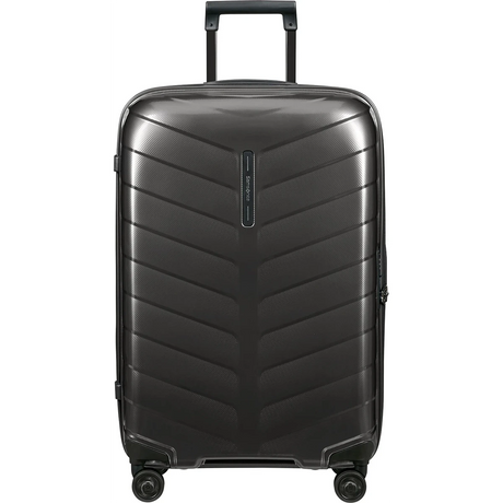 Der Samsonite Attrix Hartschalenkoffer 69 cm in grau ist ein Hartschalenkoffer aus Roxkin-Material mit vier Rollen und einem verlängerten Griff.