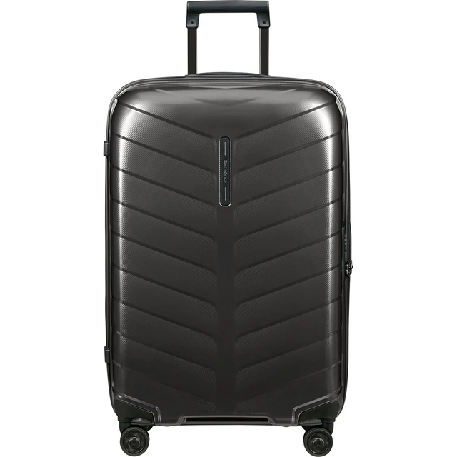 Der Samsonite Attrix Hartschalenkoffer 69 cm in grau ist ein Hartschalenkoffer aus Roxkin-Material mit vier Rollen und einem verlängerten Griff.