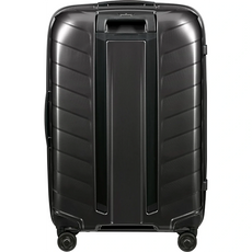 Grauer Samsonite Attrix Hartschalenkoffer (69 cm) aus robustem Material mit vier Rollen, vertikalen Rillen und oberem Griff von Samsonite, fotografiert vor weißem Hintergrund.