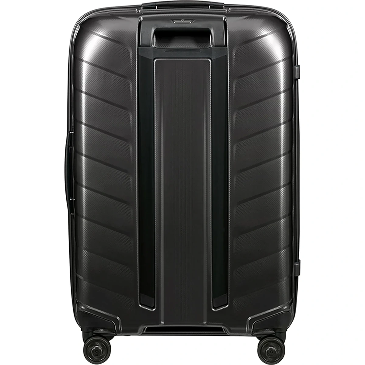 Grauer Samsonite Attrix Hartschalenkoffer (69 cm) aus robustem Material mit vier Rollen, vertikalen Rillen und oberem Griff von Samsonite, fotografiert vor weißem Hintergrund.