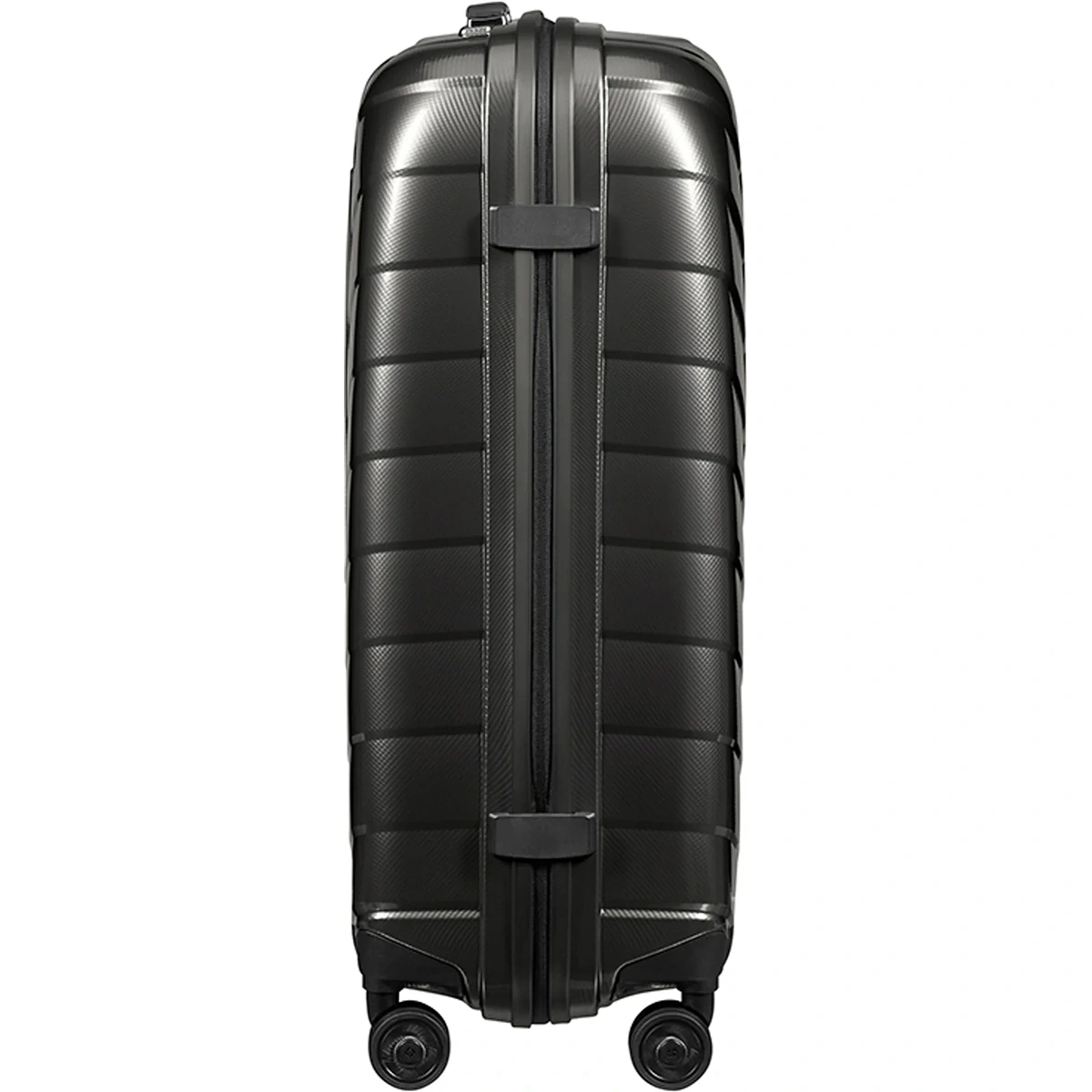 Ein grauer Samsonite Attrix Hartschalenkoffer 69 cm aus robustem Roxkin Material steht aufrecht auf vier Rollen, von der Seite betrachtet.
