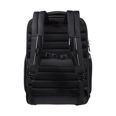 Der Samsonite Spectrolite 3.0 Rucksack in Schwarz zeigt sich von hinten und hebt die gepolsterten Schultergurte, eine Brustschnalle und ein separates 15