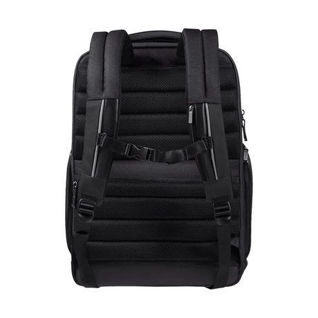 Der Samsonite Spectrolite 3.0 Rucksack in Schwarz zeigt sich von hinten und hebt die gepolsterten Schultergurte, eine Brustschnalle und ein separates 15"-Laptopfach für optimale Organisation hervor.