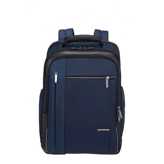 Der Samsonite Spectrolite 3.0 Rucksack 17,3" in Deep Blue von Samsonite verfügt über mehrere Reißverschlussfächer, gepolsterte Schultergurte und einen Tragegriff an der Oberseite, abgebildet auf weißem Hintergrund.