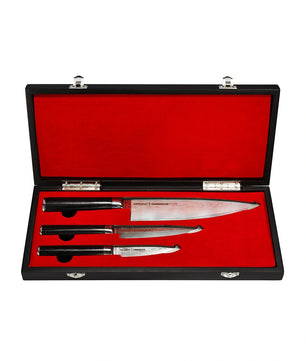 Das Samura DAMASKUS 3er-Messer Set - schwarz von Samura besteht aus drei Messern mit silbernen Klingen aus 67-lagigem Damaststahl und schwarzen Griffen, elegant präsentiert in einem schwarzen, mit rotem Samt ausgekleideten Etui.