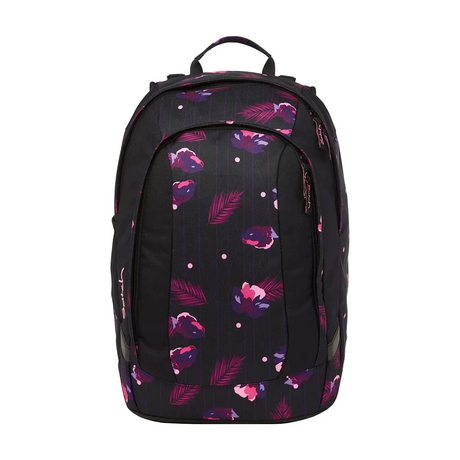 Ergonomischer, erweiterbarer Satch Match Schulrucksack - Mystic Nights: Schwarzer Rucksack von Satch mit pink-lilafarbenem Blumen- und Blättermuster auf weißem Hintergrund.