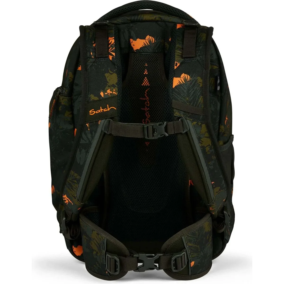 Der Satch Match Schulrucksack - Jurassic Jungle von Satch hat ein schwarz-orangefarbenes Muster mit gepolsterten Schultergurten und einer belüfteten Netzrückwand, die von hinten zu sehen ist.
