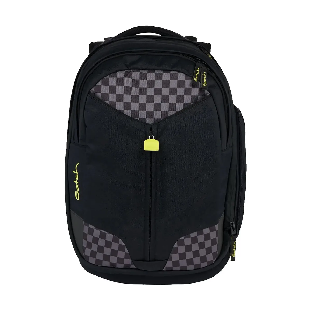 Die Satch Match Schulranzen - Dark Skate von Satch überzeugt mit schwarzem Checkered-Muster, gelbem Zipper und ergonomischem Design. Erweiterbar - ideal für Schule oder Freizeit. Vor weißem Hintergrund abgebildet.