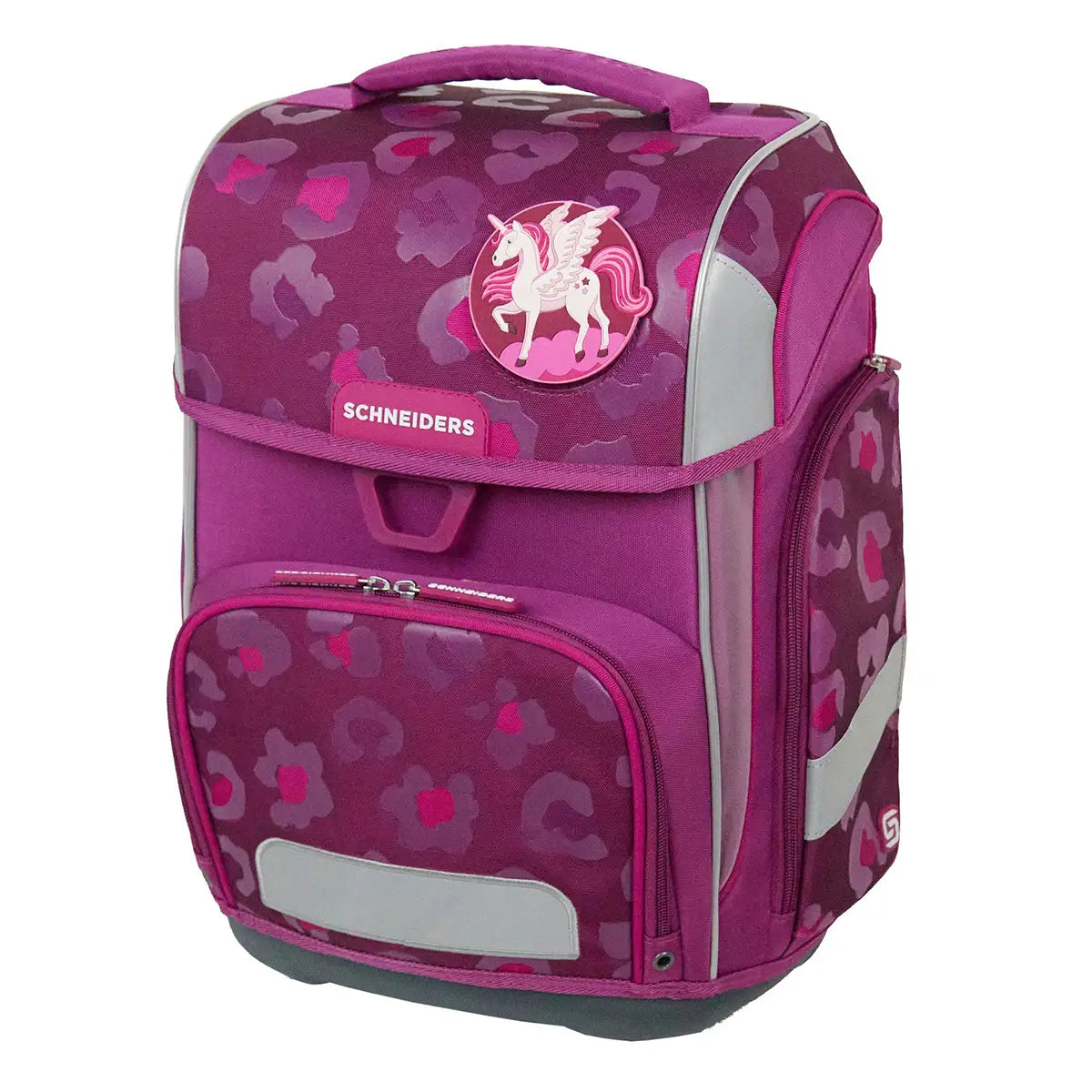 Das 9-teilige Schneiders Ergolite Berry Paw Schulranzen-Set überzeugt mit ergonomischem Design, lila-pinkem Einhorn-Rucksack, Blumenmustern und reflektierenden Streifen.