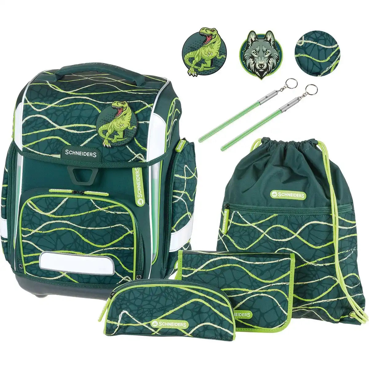 Das Schneiders Ergolite Jurassic - 9-teiliges Schulranzen-Set von Schneiders zeigt ein grün-schwarzes Ergolite-Design mit Dinosaurier- und Wolfsmotiven, inklusive Rucksack, Kordelzugtasche, Federtasche, Reißverschlussetui, Schlüsselanhänger und runden Aufnähern.