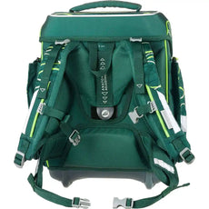Der Schneiders Ergolite Jurassic, ein 9-teiliges Schulrucksack-Set, verfügt über gepolsterte, verstellbare Gurte, reflektierende Streifen, Seitentaschen und einen verstärkten Boden - eine nachhaltige Wahl von Schneiders. Grün mit dunkelgrünen Akzenten.