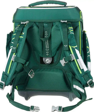 Der Schneiders Ergolite Jurassic, ein 9-teiliges Schulrucksack-Set, verfügt über gepolsterte, verstellbare Gurte, reflektierende Streifen, Seitentaschen und einen verstärkten Boden - eine nachhaltige Wahl von Schneiders. Grün mit dunkelgrünen Akzenten.