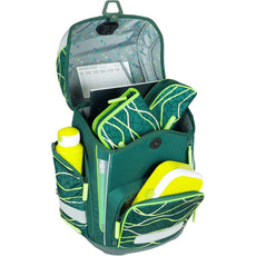 Das 9-teilige Schneiders Ergolite Jurassic Schulranzen-Set bietet ein grün-gelbes, ergonomisches Design mit Astmuster, organisiertem Innenleben für Trinkflasche, Hefte & Brotdose sowie Seitentaschen und nachhaltigem Konzept.