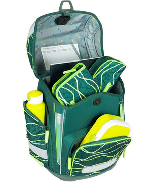 Das 9-teilige Schneiders Ergolite Jurassic Schulranzen-Set bietet ein grün-gelbes, ergonomisches Design mit Astmuster, organisiertem Innenleben für Trinkflasche, Hefte & Brotdose sowie Seitentaschen und nachhaltigem Konzept.