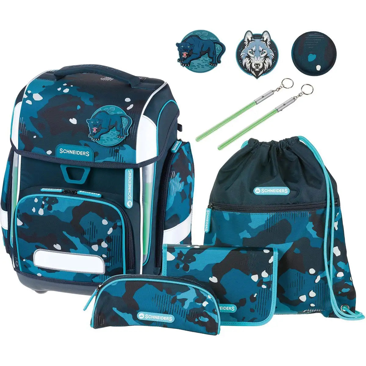 Das 9-teilige Schulranzen-Set von Schneiders Ergolite Berry Paw besteht aus einem ergonomischen Rucksack, einer Kordeltasche, einem Federmäppchen, einem Portemonnaie, 2 Schlüsselanhängern und einem runden Etui - alles aus recycelten PET-Flaschen.