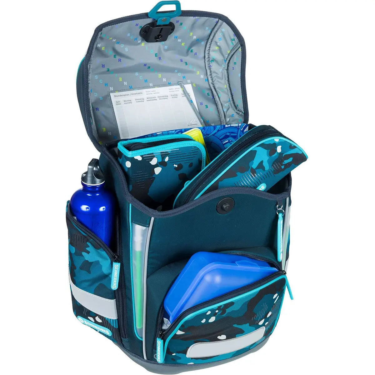 Das 9-teilige Schulranzen-Set von Schneiders Ergolite Berry Paw hat mehrere Fächer, ist aus recycelten PET-Flaschen hergestellt und enthält eine Wasserflasche, eine Brotdose, ein Federmäppchen, Bücher und einen Stundenplan im Deckel.