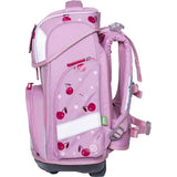 Das Schneiders Ergolite "Berry Blossom" 9-teiliges Schulranzen-Set verfügt über Kirsch- und Blütendesigns, gepolsterte Gurte, mehrere Reißverschlussfächer, LED Leuchtstäbe und reflektierende weiße Streifen für die Sicherheit - hier aufrecht von der Seite.