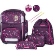 Das 9-teilige Schneiders Ergolite "Berry Blossom" Schulranzen-Set überzeugt ergonomisch in Lila mit pinkem Blumenmuster und enthält LED-Leuchtstäbe, Rucksack, Turnbeutel, Mäppchen sowie praktisches Zubehör.