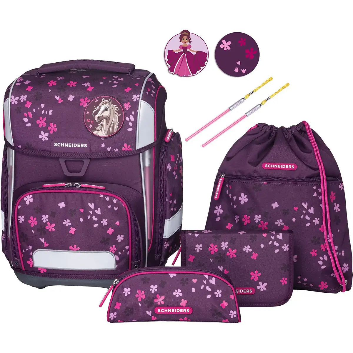 Das 9-teilige Schneiders Ergolite "Berry Blossom" Schulranzen-Set überzeugt ergonomisch in Lila mit pinkem Blumenmuster und enthält LED-Leuchtstäbe, Rucksack, Turnbeutel, Mäppchen sowie praktisches Zubehör.