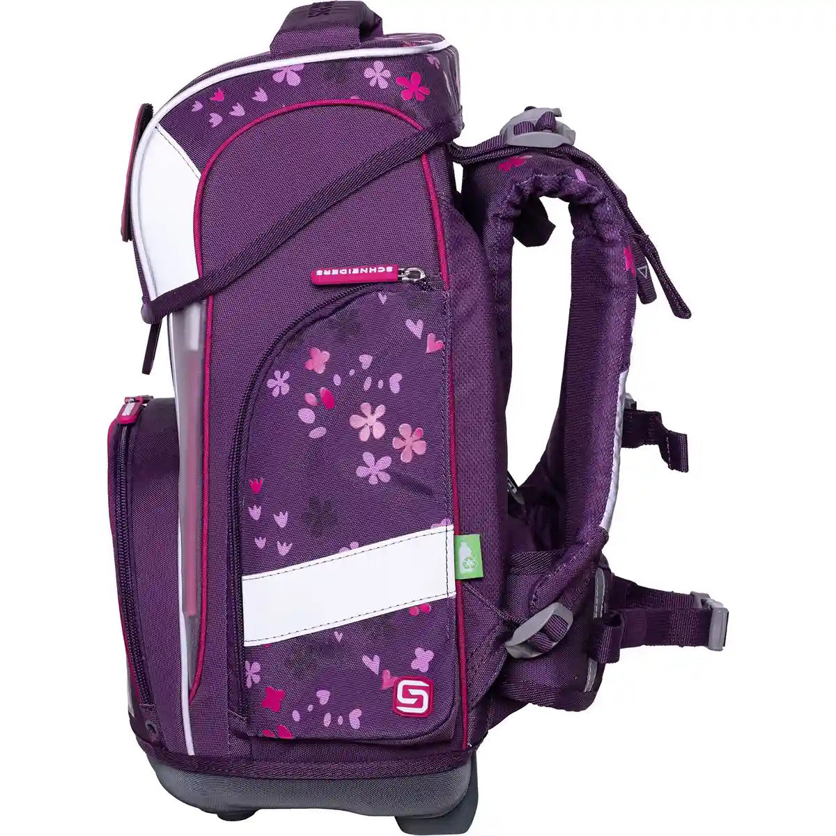Das 9-teilige Schulranzen-Set "Berry Blossom" von Schneiders Ergolite besteht aus einem ergonomischen lilafarbenen Schulrucksack mit rosa-weißem Blumendesign, gepolsterten Trägern und mehreren Fächern, hier in der Seitenansicht.