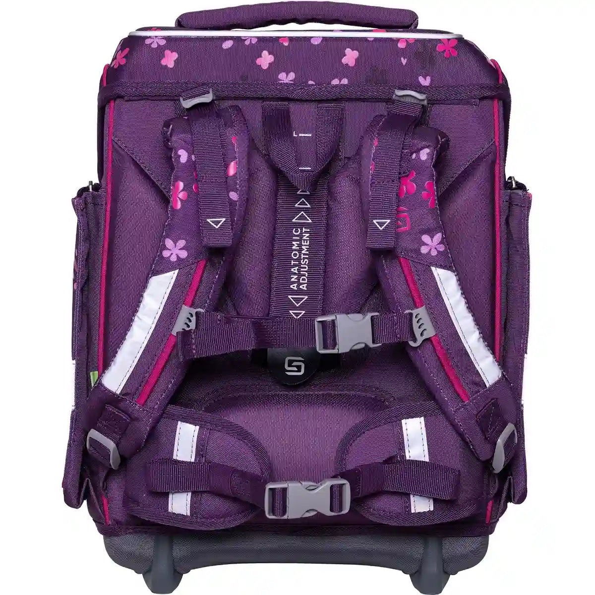 Der Schneiders Ergolite "Berry Blossom" ist ein lila Schulranzen mit Blumenmuster, verstellbaren Trägern und Rollen, von hinten gesehen. Als 9-teiliges Set erhältlich. Optional mit LED-Leuchtstäben.