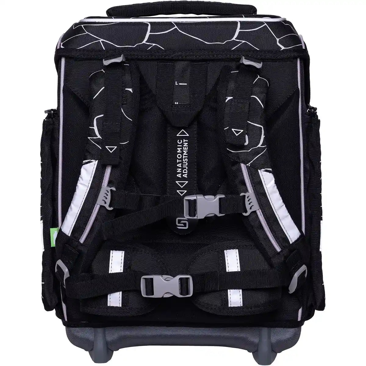 Das Schneiders Ergolite "Dark Hunter" 9-teilige Schulranzen-Set in Schwarz-Weiß mit gepolsterten Trägern und Anatomic Adjustment Label - von hinten gezeigt.