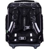 Das Schneiders Ergolite "Dark Hunter" 9-teilige Schulranzen-Set in Schwarz-Weiß mit gepolsterten Trägern und Anatomic Adjustment Label - von hinten gezeigt.