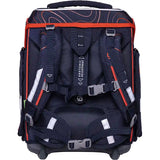Der Schneiders Ergolite "Ninja Revenge" Schulrucksack in marineblau mit roten Akzenten verfügt über gepolsterte Gurte, mehrere Verstellschnallen und ist von hinten abgebildet.