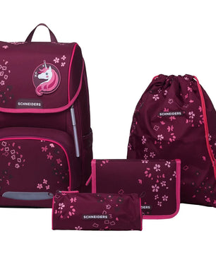 Das Schneiders Ergojet Schulranzen-Set 6-tlg. - Floral Fantasy enthält einen ergonomischen Schulranzen, einen Kordelzugbeutel, ein Federmäppchen und ein Portemonnaie - alle mit rosa Blumenmuster.