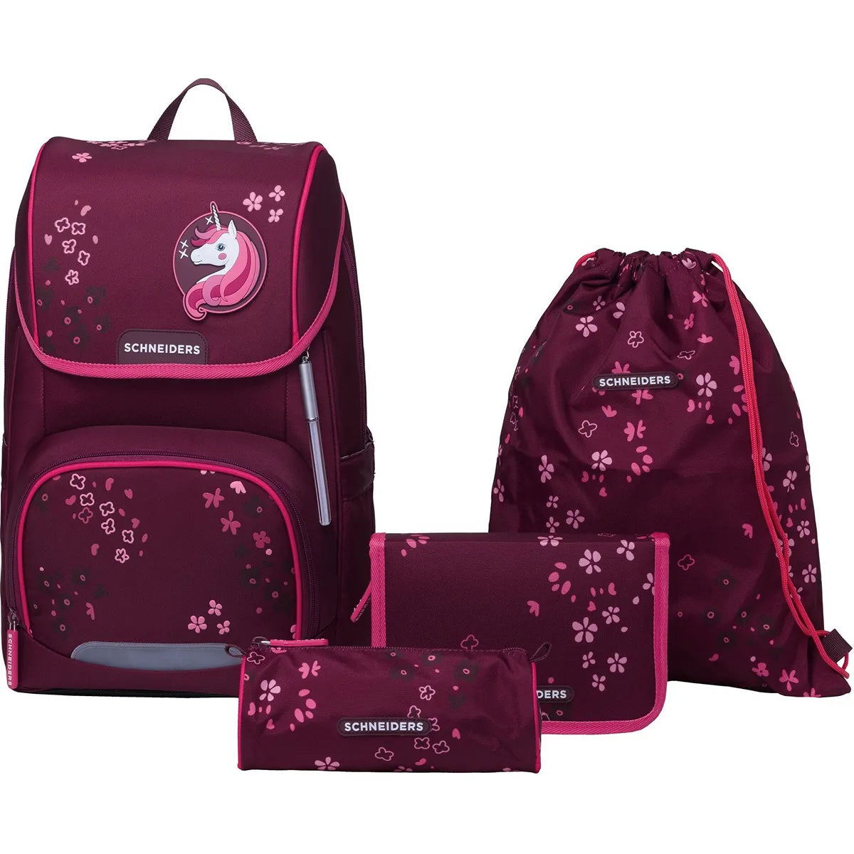Das Schneiders Ergojet Schulranzen-Set 6-tlg. - Floral Fantasy enthält einen ergonomischen Schulranzen, einen Kordelzugbeutel, ein Federmäppchen und ein Portemonnaie - alle mit rosa Blumenmuster.
