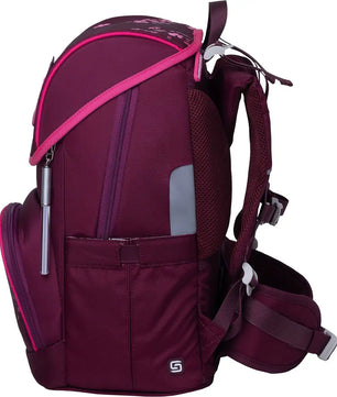 Seitenansicht des Schneiders Ergojet Schulranzen-Set 6-teilig. - Floral Fantasy, ein kastanienbrauner ergonomischer Schulranzen mit rosa Akzenten, mehreren Taschen und gepolsterten Trägern von Schneiders - perfekt für ein praktisches Schulranzen-Set.