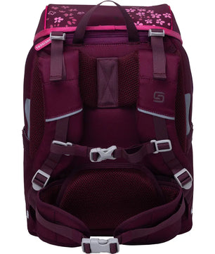 Das Schneiders Ergojet Schulranzen-Set 6-teilig - Floral Fantasy verfügt über gepolsterte Träger, einen Hüftgurt und rosa Blumenmuster auf der oberen Klappe für Komfort und Stil.