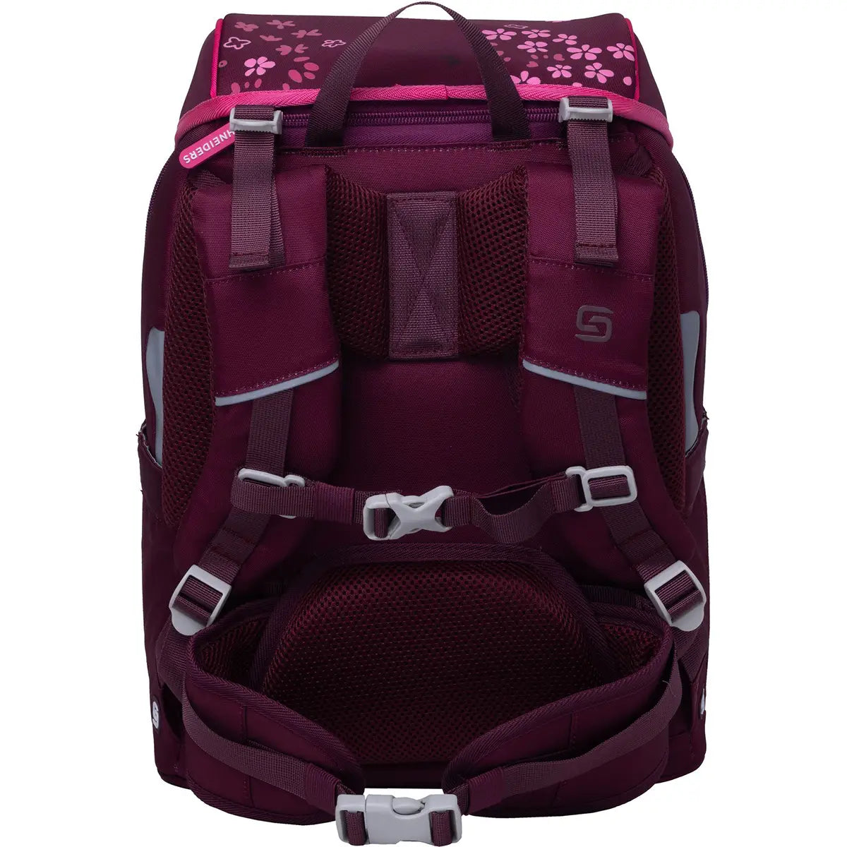 Ergonomisch und leicht, das Schneiders Ergojet Set Floral Fantasy bietet gepolsterte Träger, Brust- und Hüftgurte sowie pinke Pfotenabdrücke auf der oberen Klappe.