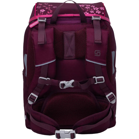 Ergonomisch und leicht, das Schneiders Ergojet Set Floral Fantasy bietet gepolsterte Träger, Brust- und Hüftgurte sowie pinke Pfotenabdrücke auf der oberen Klappe.