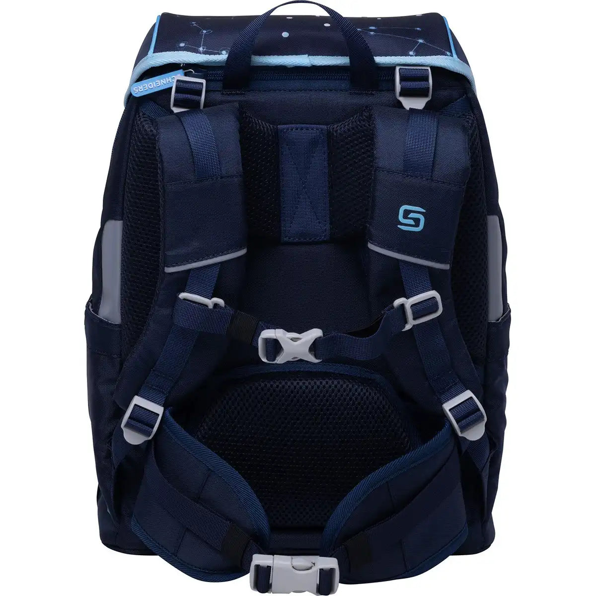 Das Schneiders Ergojet Space Dream Schulranzen-Set - 6-teilig ist ein ergonomischer, marineblauer Rucksack mit gepolsterten Trägern, Brust-/Taillenschnallen und seitlichen Reflektoren - ideal für Grundschüler.