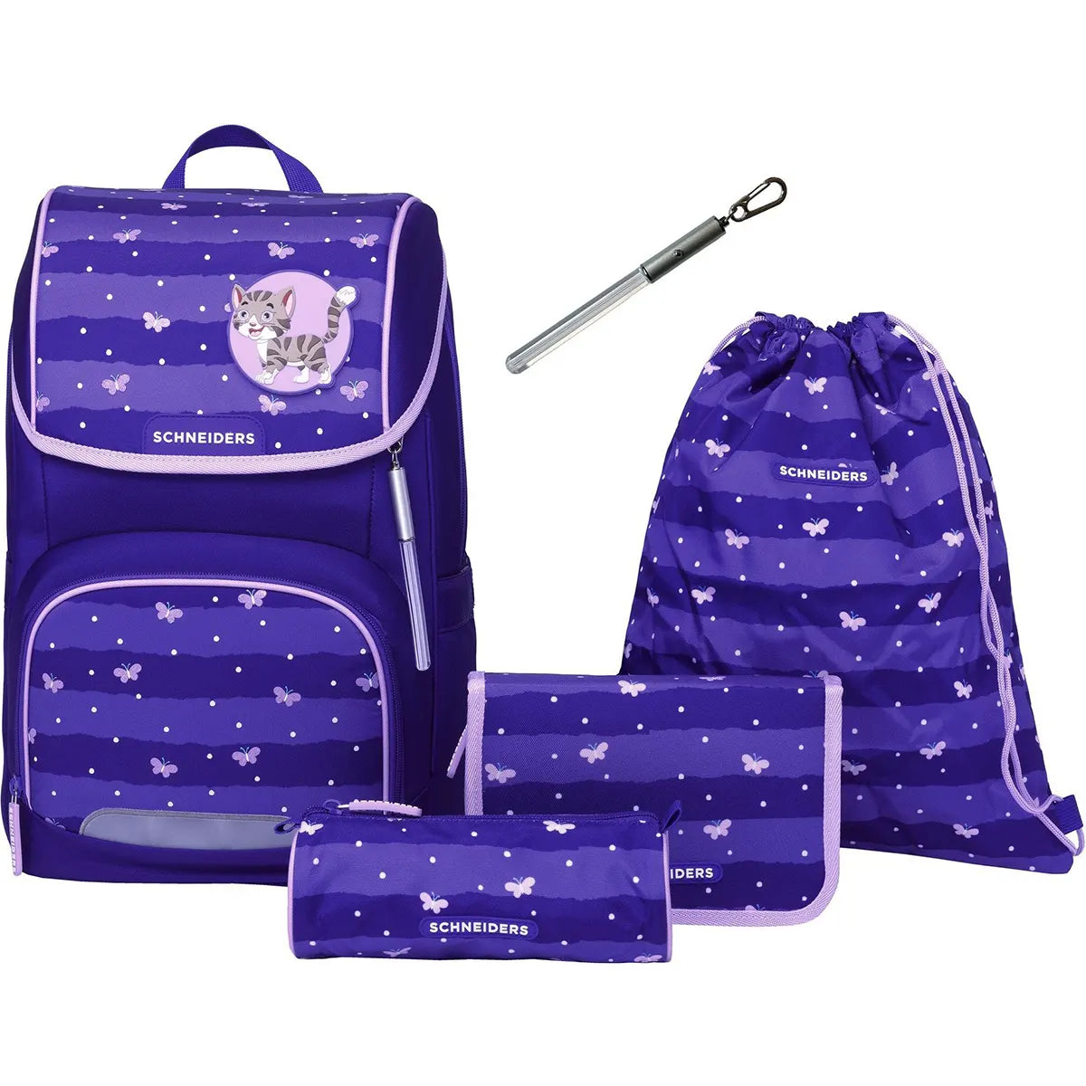 Das Schneiders Ergojet Schulranzen-Set 6-teilig - Blissy Butterfly besteht aus einem ergonomischen Schulranzen, passendem Etui, Federmäppchen, Kordelzugtasche, Stift und einem niedlichen Schmetterlingsmotiv.