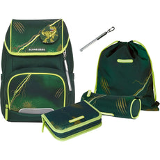 Das 6-teilige Schneiders Ergojet Dino olive Schulranzen-Set enthält einen ergonomischen dunkelgrünen Ranzen, passende Federtasche, Beutel, Turnbeutel und Stift - mit Reflektoren für Sicherheit.