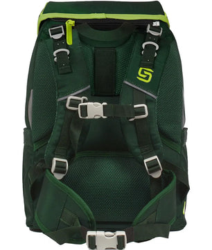 Das Schneiders Ergojet Dino olive Schulranzen-Set - 6-teilig verfügt über gepolsterte Gurte, Clips, Reflektoren und neongelbe Akzente in einem dunkelgrünen Design. Es wird von Schneiders von hinten gezeigt.