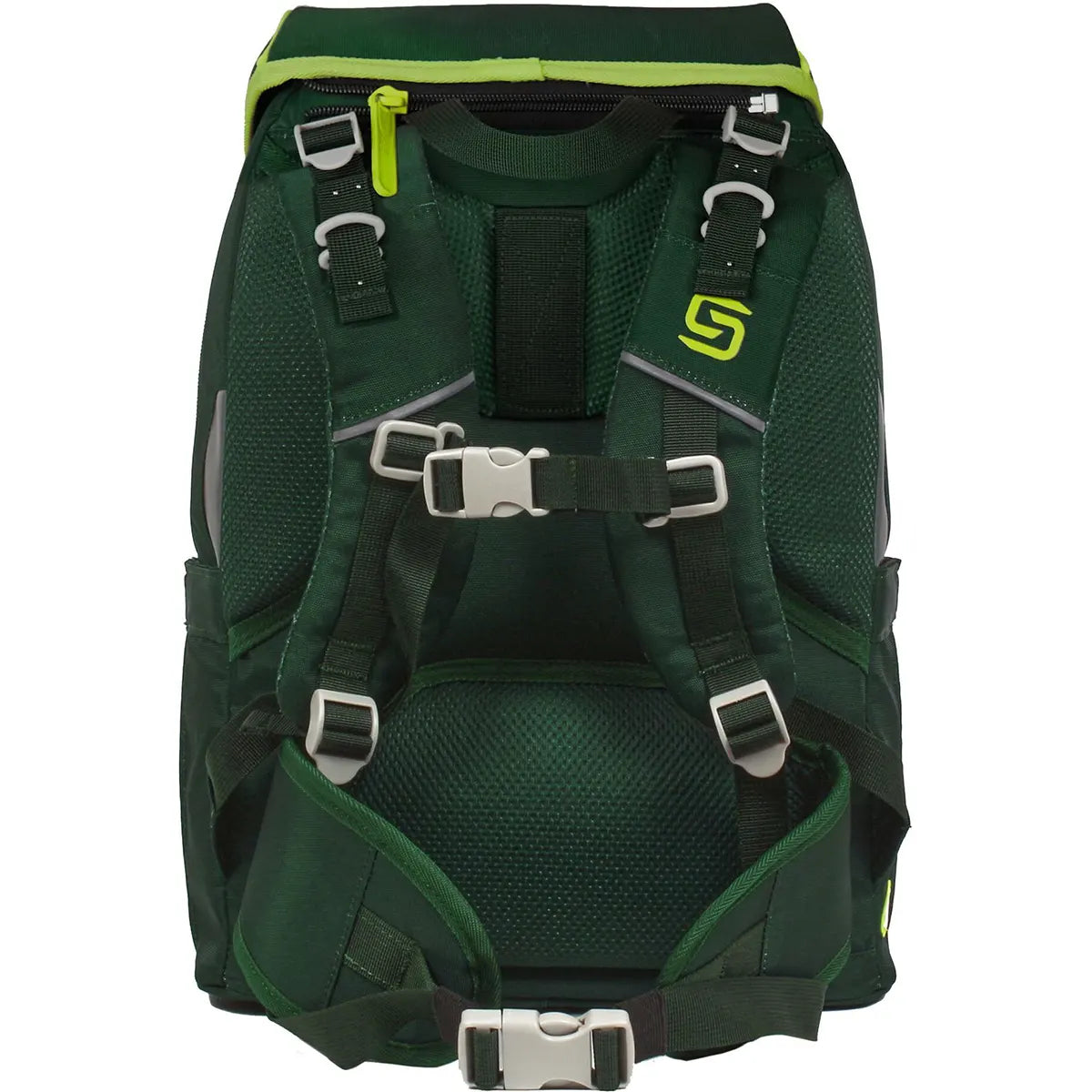 Das Schneiders Ergojet Dino olive Schulranzen-Set - 6-teilig verfügt über gepolsterte Gurte, Clips, Reflektoren und neongelbe Akzente in einem dunkelgrünen Design. Es wird von Schneiders von hinten gezeigt.