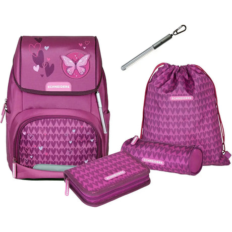 Das Schneiders Ergojet Schulranzen-Set 6-teilig von Schneiders mit rosa und lila Schmetterlings- und Herzmotiven, bestehend aus Schulranzen, Federmäppchen, Etui und Kordelzugtasche - stylisch und ergonomisch für die Schule.