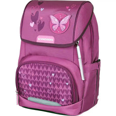 Das Schneiders Ergojet Schulranzen-Set 6-teilig ist mit Herz- und Schmetterlingsmotiven, einer Vordertasche und dem Schneiders-Etikett ausgestattet und verbindet so Stil und ergonomischen Komfort für den Schulalltag.