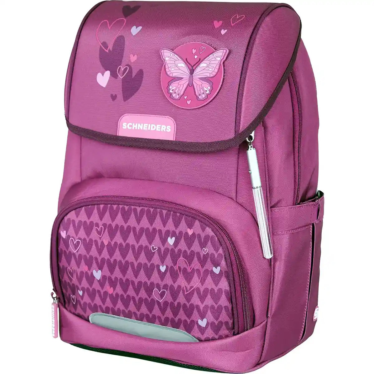 Das Schneiders Ergojet Schulranzen-Set 6-teilig ist mit Herz- und Schmetterlingsmotiven, einer Vordertasche und dem Schneiders-Etikett ausgestattet und verbindet so Stil und ergonomischen Komfort für den Schulalltag.