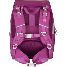 Das Schneiders Ergojet Schulranzen-Set 6-teilig in Pink wird von hinten gezeigt und hebt die gepolsterten Gurte und mehrere verstellbare Schnallen für den Komfort hervor.