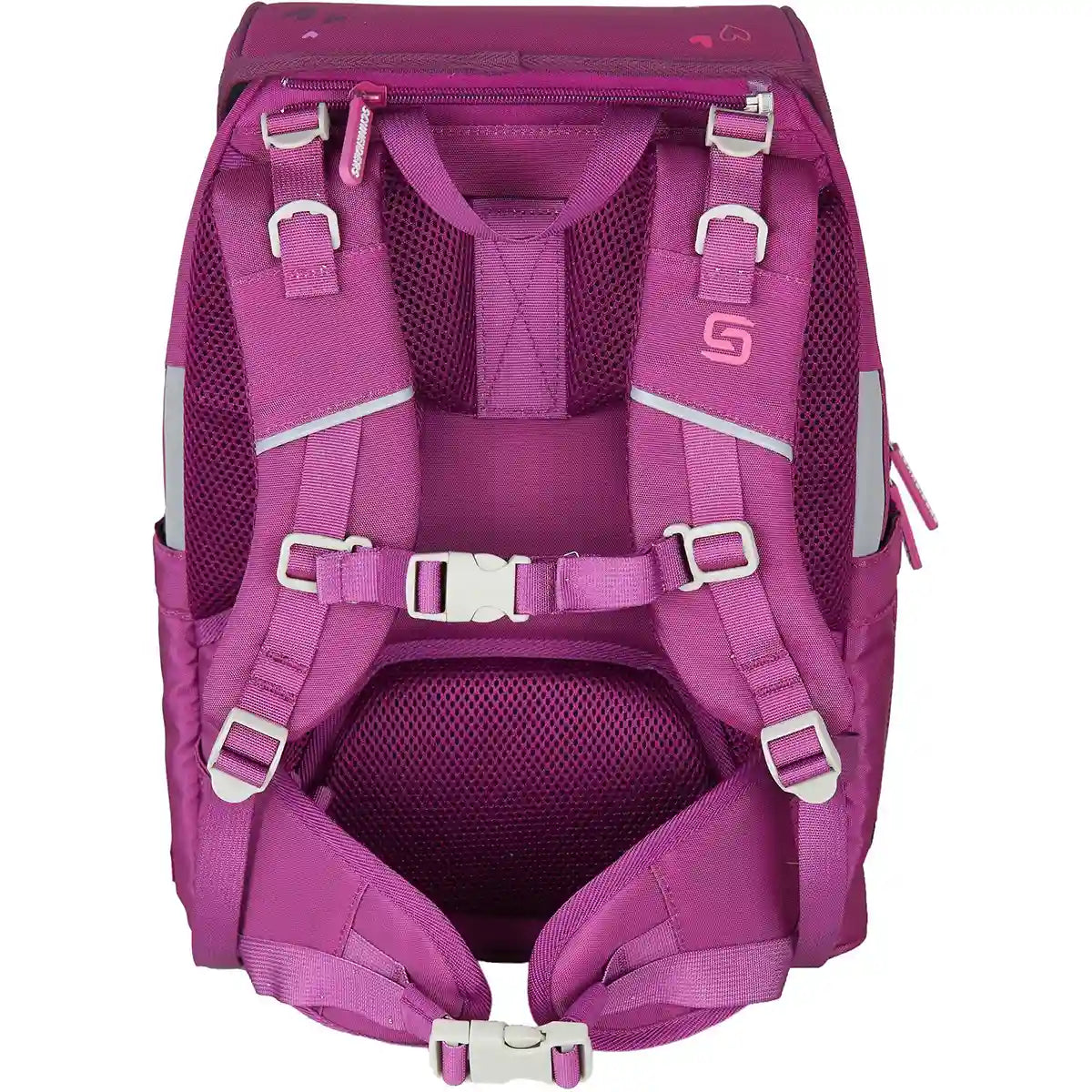 Das Schneiders Ergojet Schulranzen-Set 6-teilig in Pink wird von hinten gezeigt und hebt die gepolsterten Gurte und mehrere verstellbare Schnallen für den Komfort hervor.