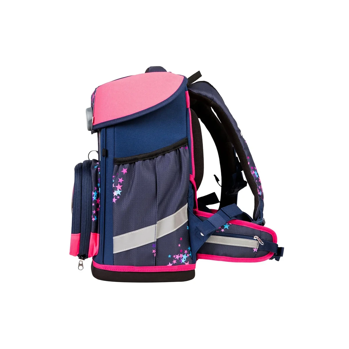 Seitenansicht des School-Mood Champion Schulranzen-Set 7-teilig - "Leni" in marineblau und rosa mit Sternenmuster. Dieser ergonomische School-Mood Schulranzen bietet Stil, Komfort und mehrere Fächer für den Schulalltag.