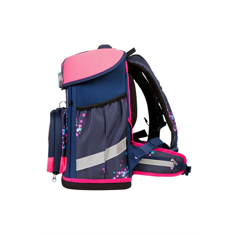 Seitenansicht des School-Mood Champion Schulranzen-Set 7-teilig - "Leni" in marineblau und rosa mit Sternenmuster. Dieser ergonomische School-Mood Schulranzen bietet Stil, Komfort und mehrere Fächer für den Schulalltag.