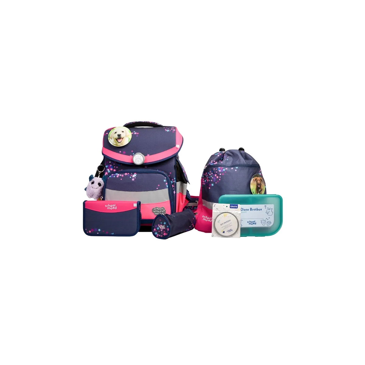 Das School-Mood Timeless Schulranzen-Set 7-teilig "Leni" besticht durch ein marineblaues und rosafarbenes Design mit Hunden und glitzernden Akzenten und beinhaltet einen ergonomischen Rucksack, eine Lunchbox, ein Federmäppchen und lustige Accessoires.