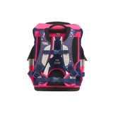 Das School-Mood Timeless Schulranzen-Set 7-teilig "Leni" in pink und navy verfügt über gepolsterte Träger, reflektierende Akzente und Sternenmuster, hier von hinten.